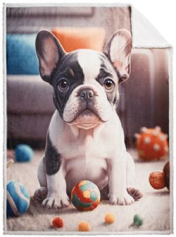 JETÉE MICROVISON TRICOTÉE IMPRIMÉE REVERS EN SHERPA 48X60 BOULEDOGUE JOUEUR